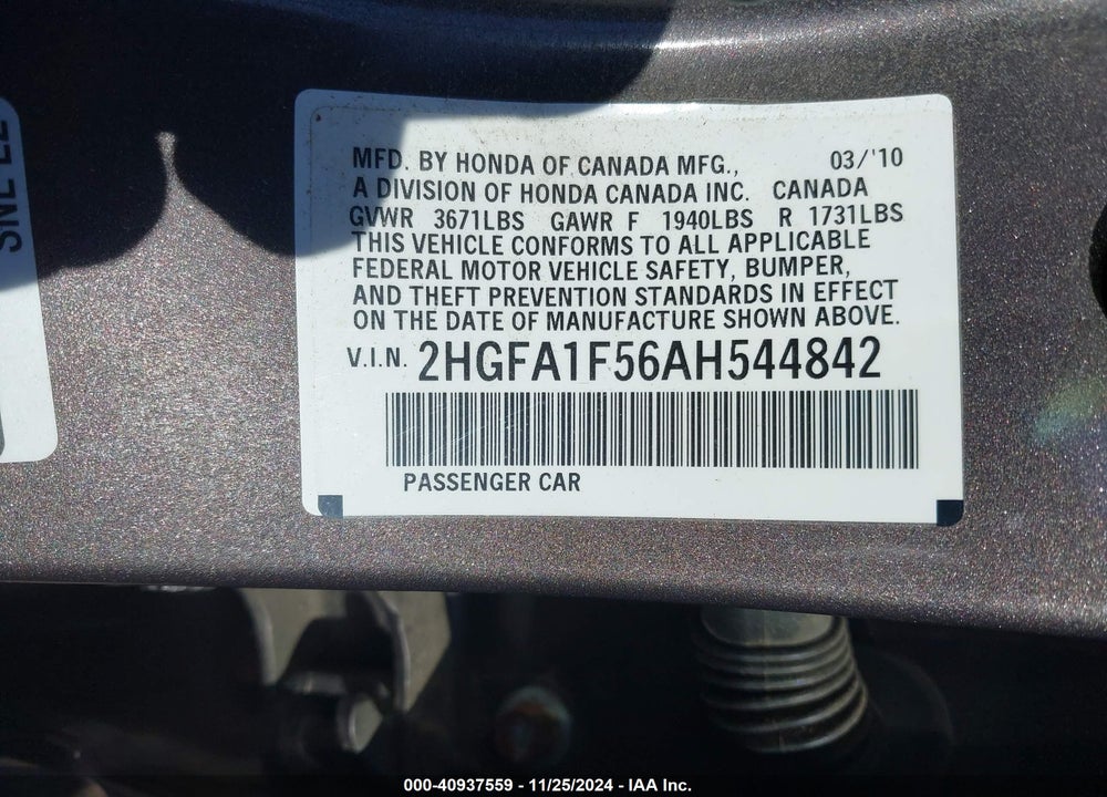 2010 HONDA CIVIC VIN: 2HGFA1F56AH544842