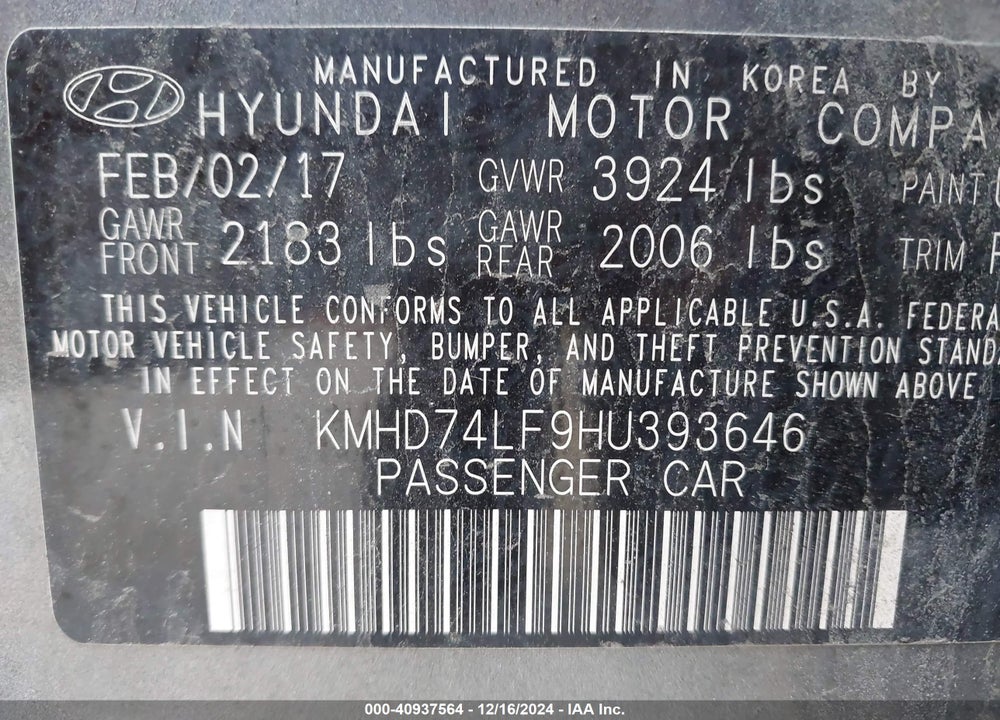 2017 HYUNDAI ELANTRA SE VIN: KMHD74LF9HU393646