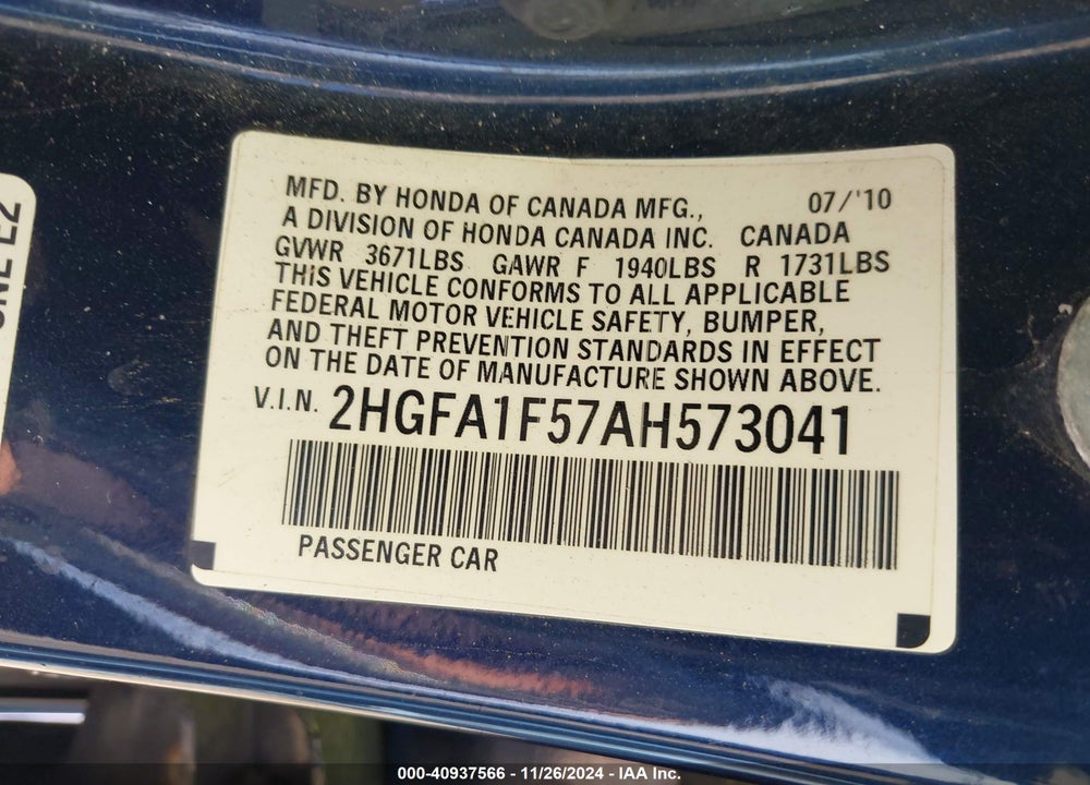 2010 HONDA CIVIC LX VIN: 2HGFA1F57AH573041