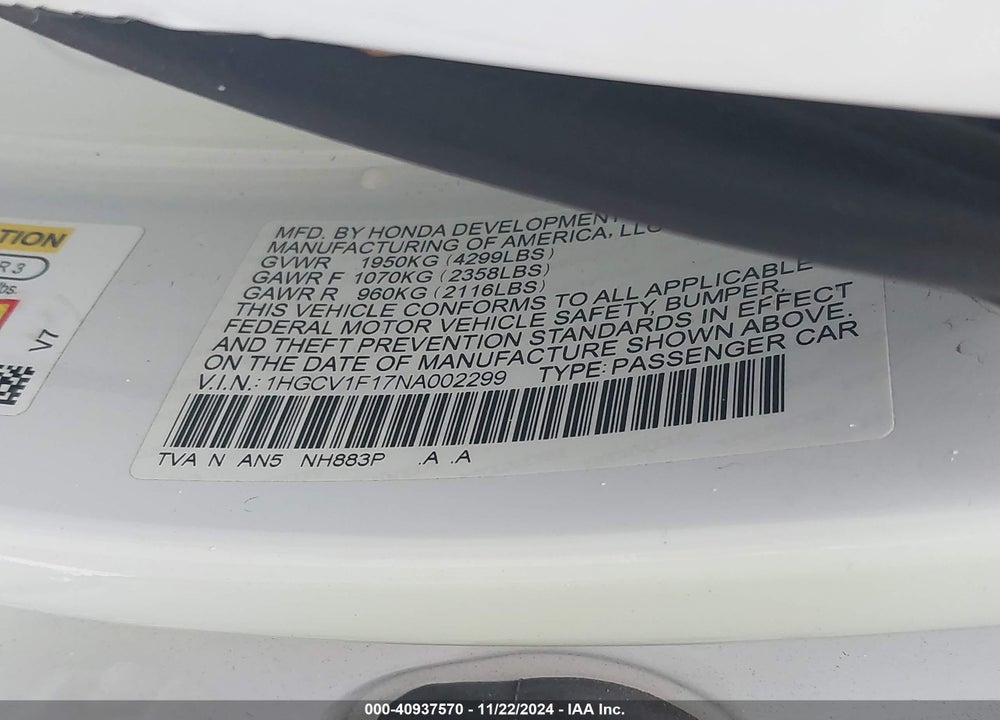 2022 HONDA ACCORD LX VIN: 1HGCV1F17NA002299
