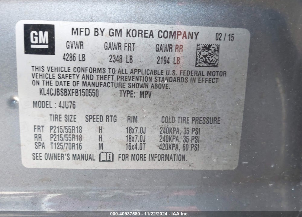 2015 BUICK ENCORE CONVENIENCE VIN: KL4CJBSBXFB150550