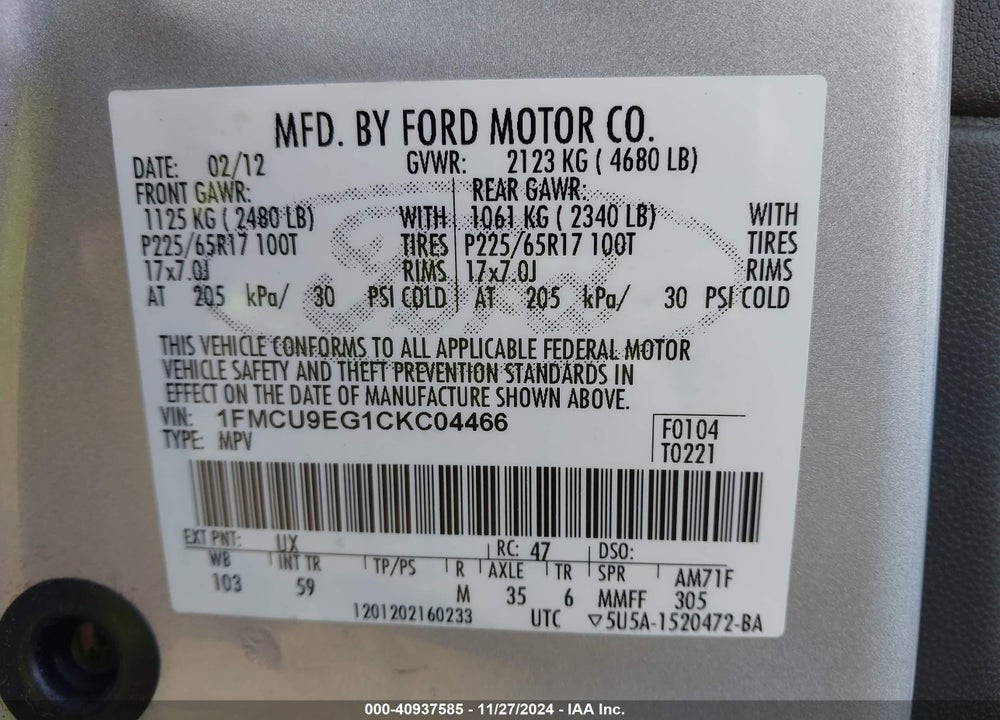 2012 FORD ESCAPE LIMITED VIN: 1FMCU9EG1CKC04466