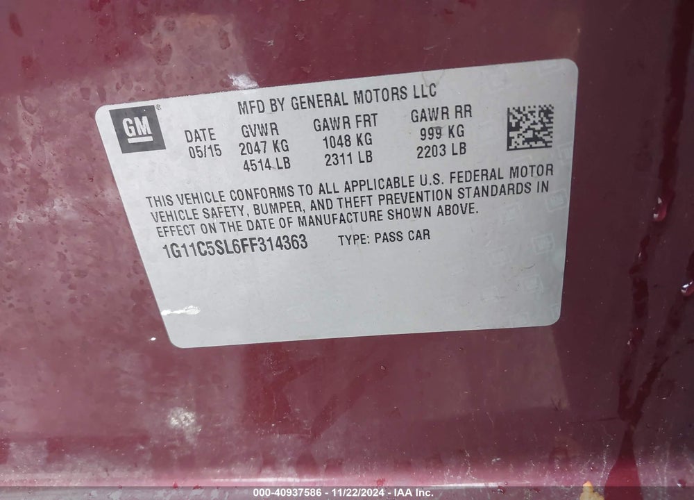 2015 CHEVROLET MALIBU 1LT VIN: 1G11C5SL6FF314363