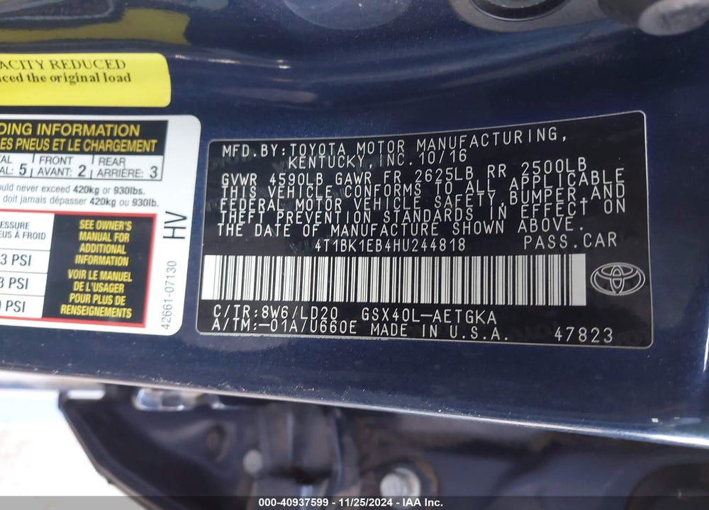 2017 TOYOTA AVALON VIN: 4T1BK1EB4HU244818