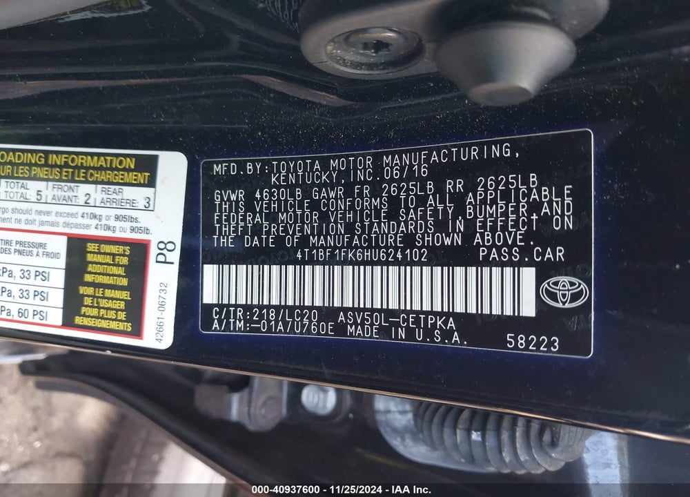 2017 TOYOTA CAMRY XSE VIN: 4T1BF1FK6HU624102