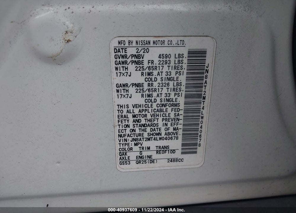 2020 NISSAN ROGUE S FWD VIN: JN8AT2MT4LW040678