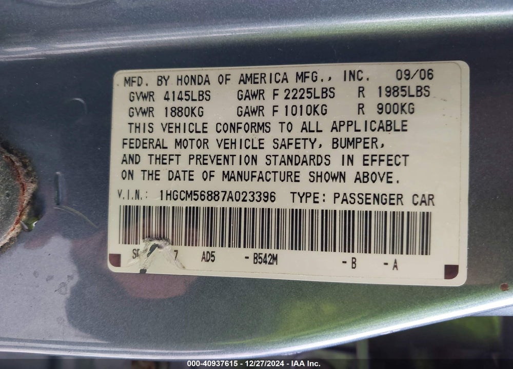 2007 HONDA ACCORD 2.4 EX VIN: 1HGCM56887A023396