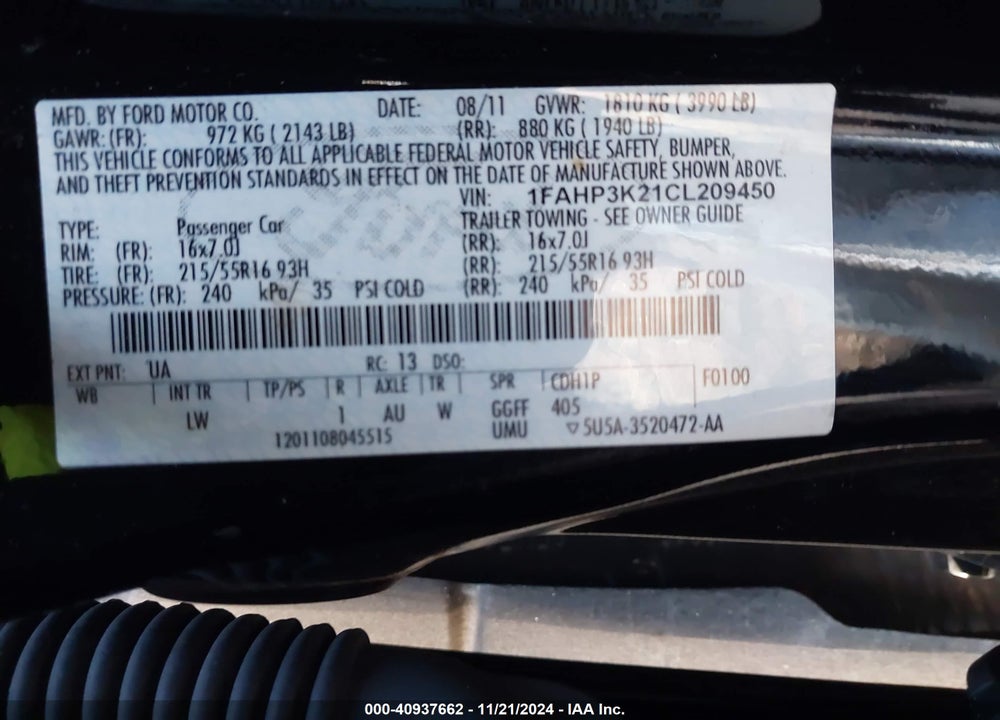2012 FORD FOCUS SE VIN: 1FAHP3K21CL209450