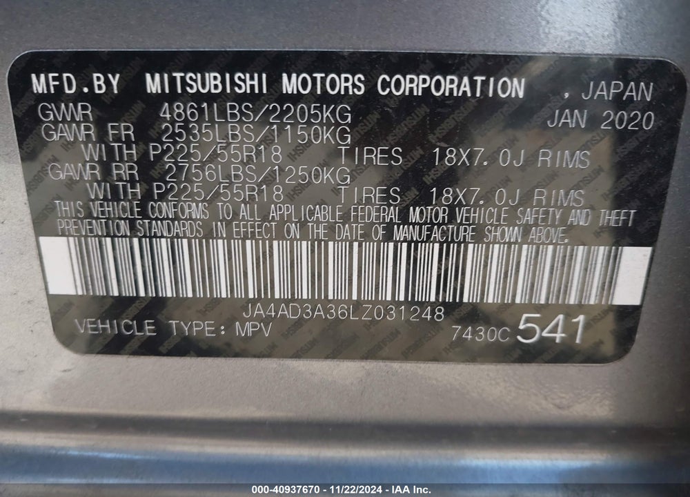 2020 MITSUBISHI OUTLANDER LE 2.4/SE 2.4/SEL 2.4/SP 2.4 VIN: JA4AD3A36LZ031248