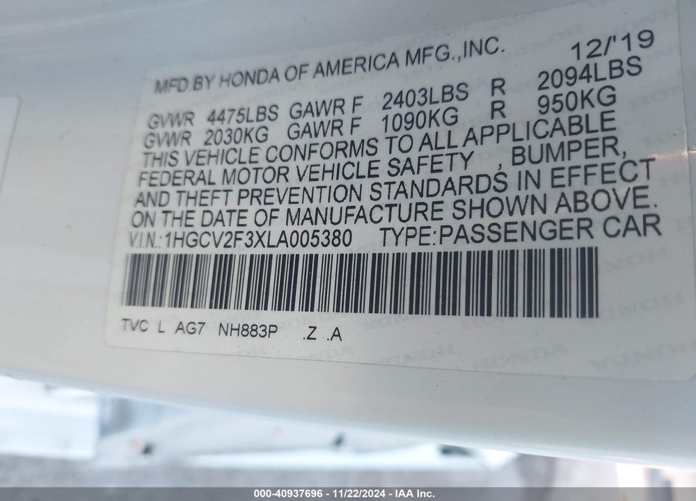 2020 HONDA ACCORD VIN: 1HGCV2F3XLA005380