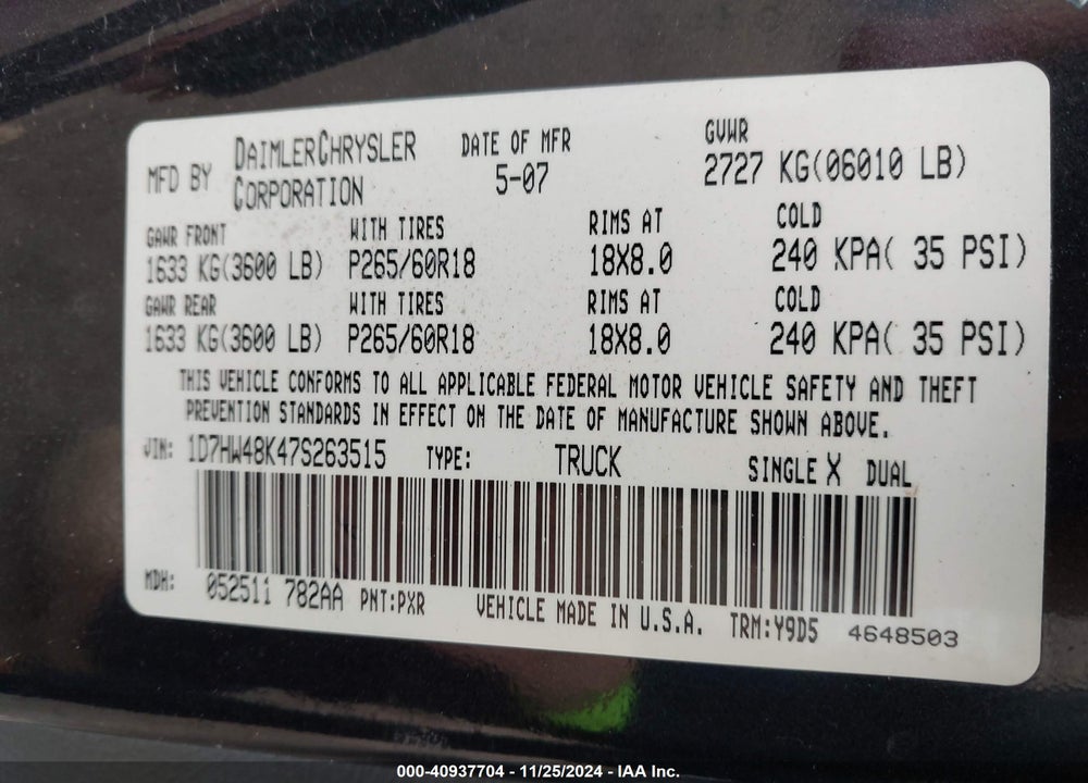 2007 DODGE DAKOTA SLT VIN: 1D7HW48K47S263515
