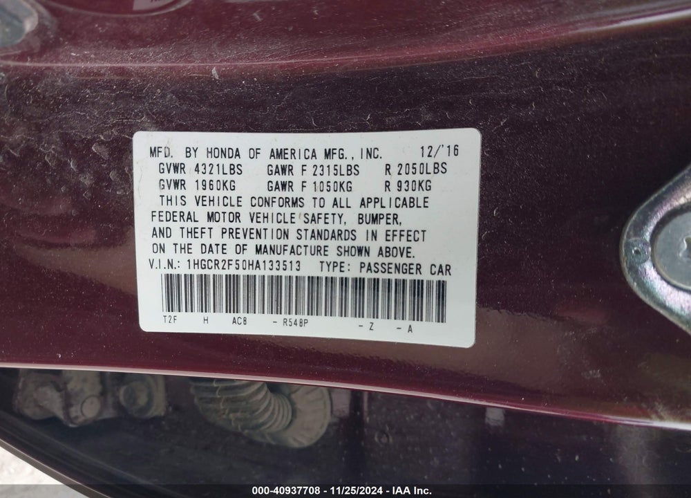 2017 HONDA ACCORD SPORT VIN: 1HGCR2F50HA133513