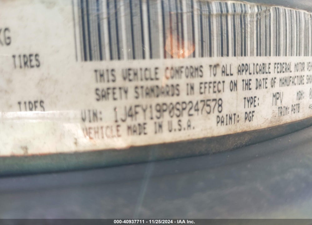 1995 JEEP WRANGLER / YJ S/RIO GRANDE VIN: 1J4FY19P0SP247578