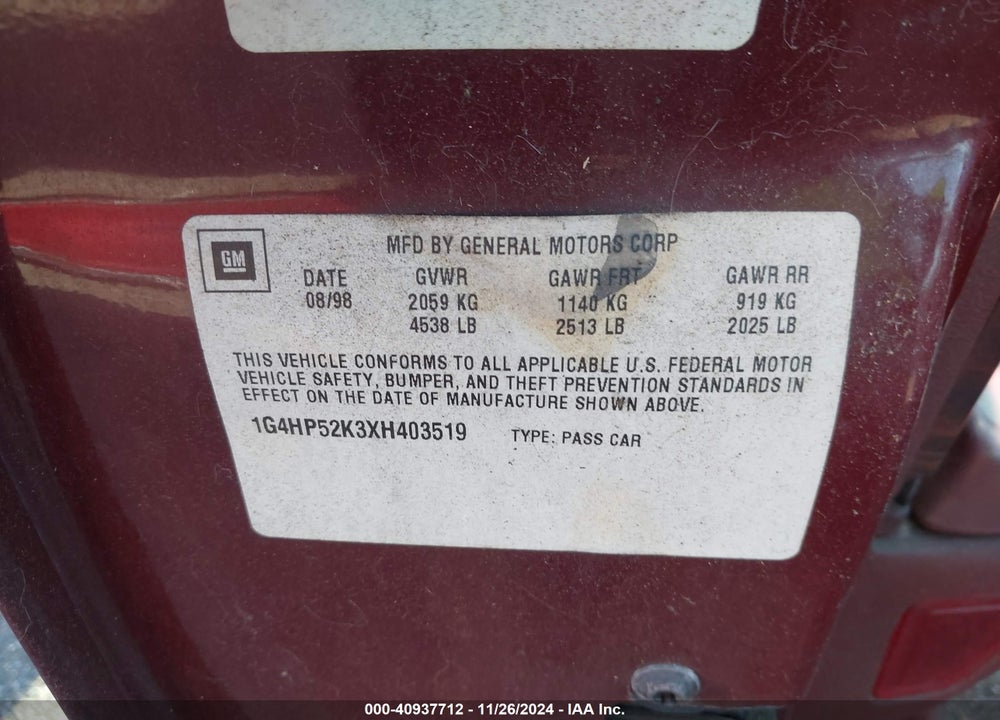 1999 BUICK LESABRE CUSTOM VIN: 1G4HP52K3XH403519