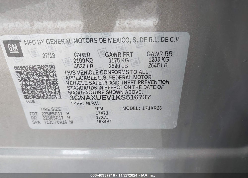 2019 CHEVROLET EQUINOX LT VIN: 3GNAXUEV1KS516737