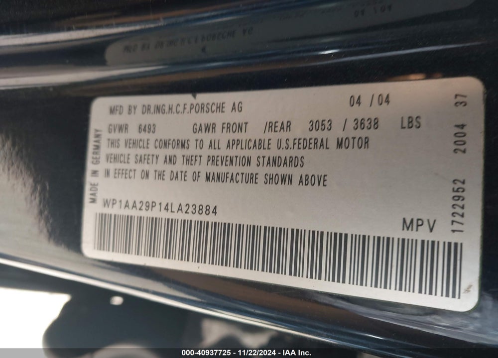 2004 PORSCHE CAYENNE V6 VIN: WP1AA29P14LA23884