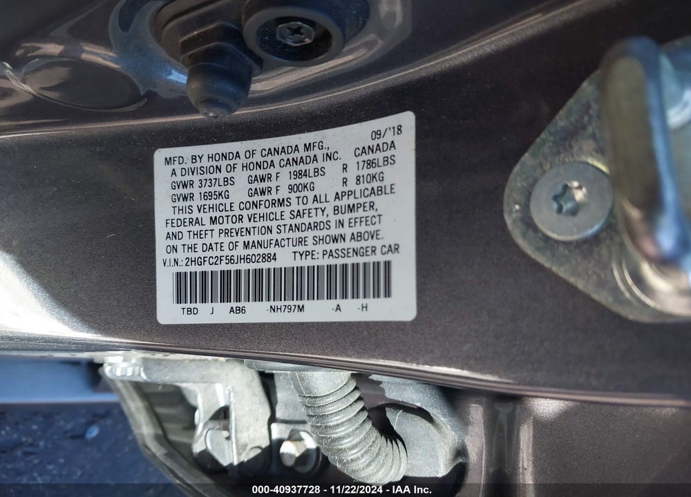 2018 HONDA CIVIC VIN: 2HGFC2F56JH602884