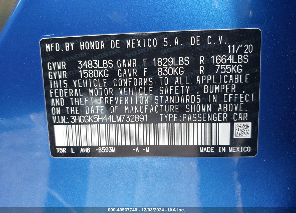 2020 HONDA FIT LX VIN: 3HGGK5H44LM732891