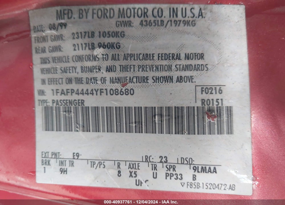 2000 FORD MUSTANG VIN: 1FAFP4444YF108680