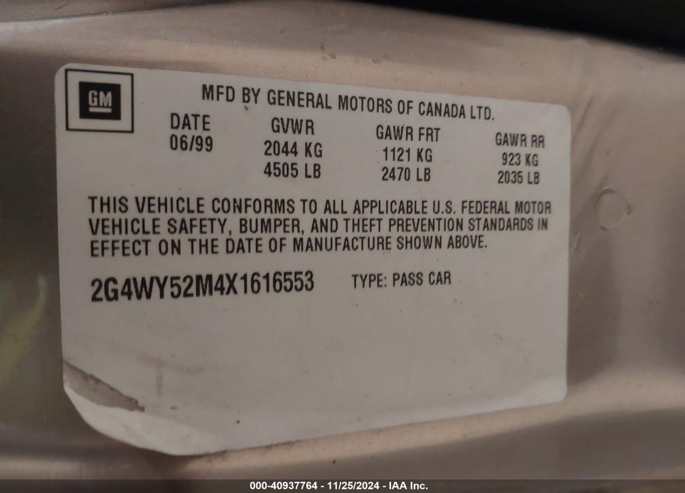 1999 BUICK CENTURY LIMITED VIN: 2G4WY52M4X1616553