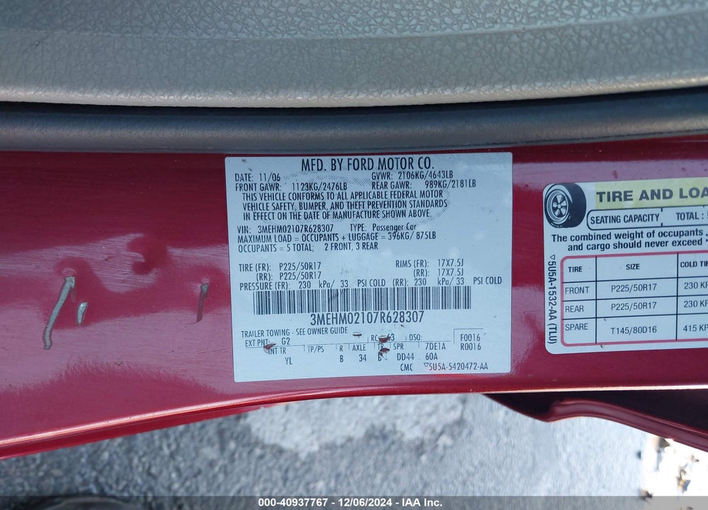 2007 MERCURY MILAN VIN: 3MEHM02107R628307