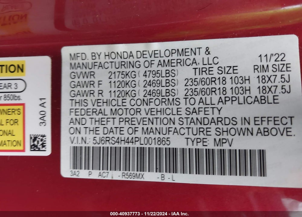 2023 HONDA CR-V EX AWD VIN: 5J6RS4H44PL001865