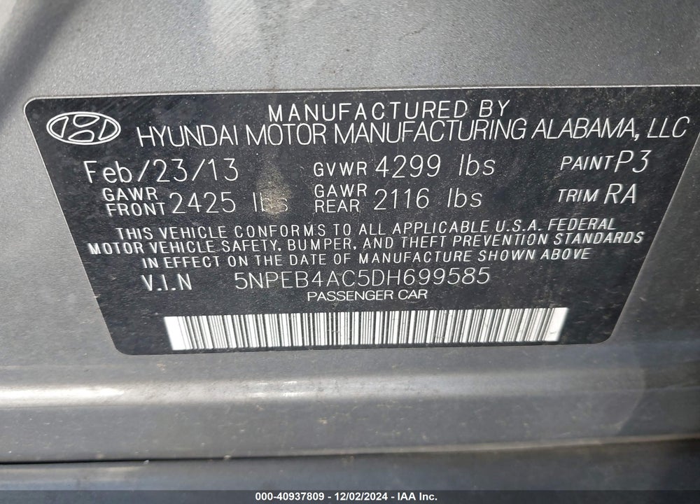 2013 HYUNDAI SONATA GLS VIN: 5NPEB4AC5DH699585