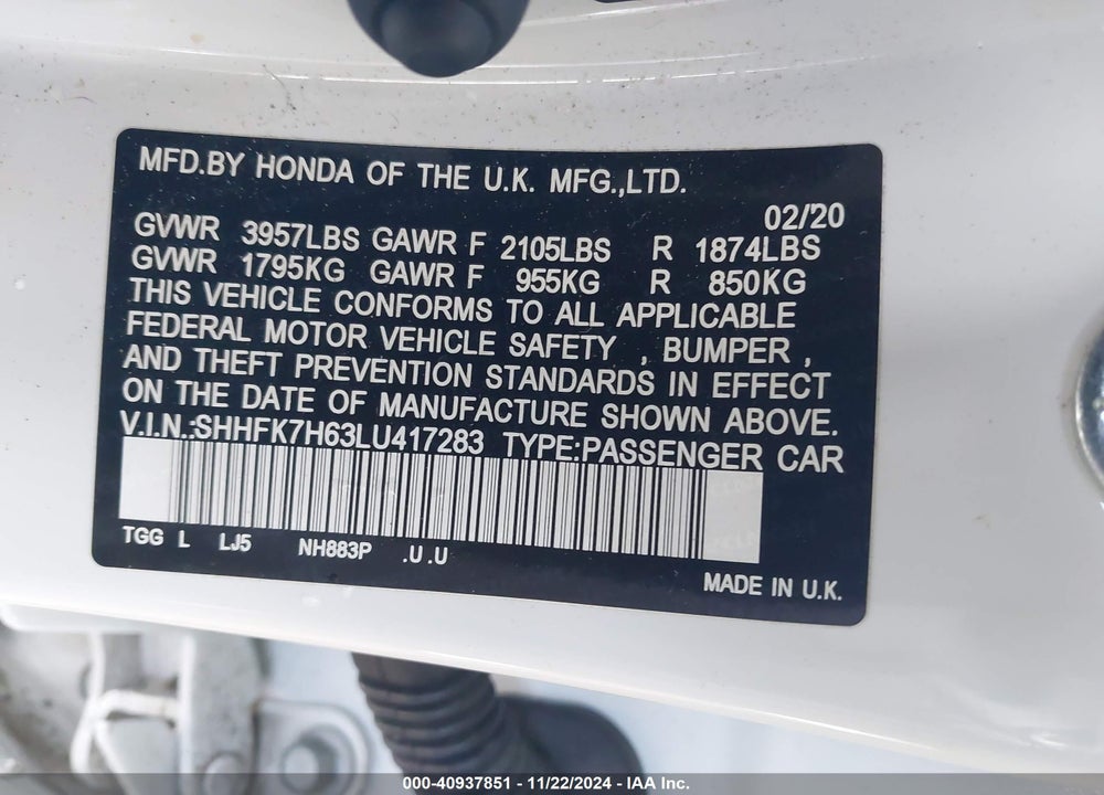 2020 HONDA CIVIC VIN: SHHFK7H63LU417283
