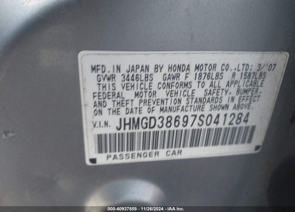 2007 HONDA FIT SPORT VIN: JHMGD38697S041284