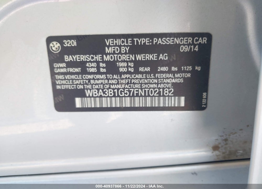 2015 BMW 320I VIN: WBA3B1G57FNT02182
