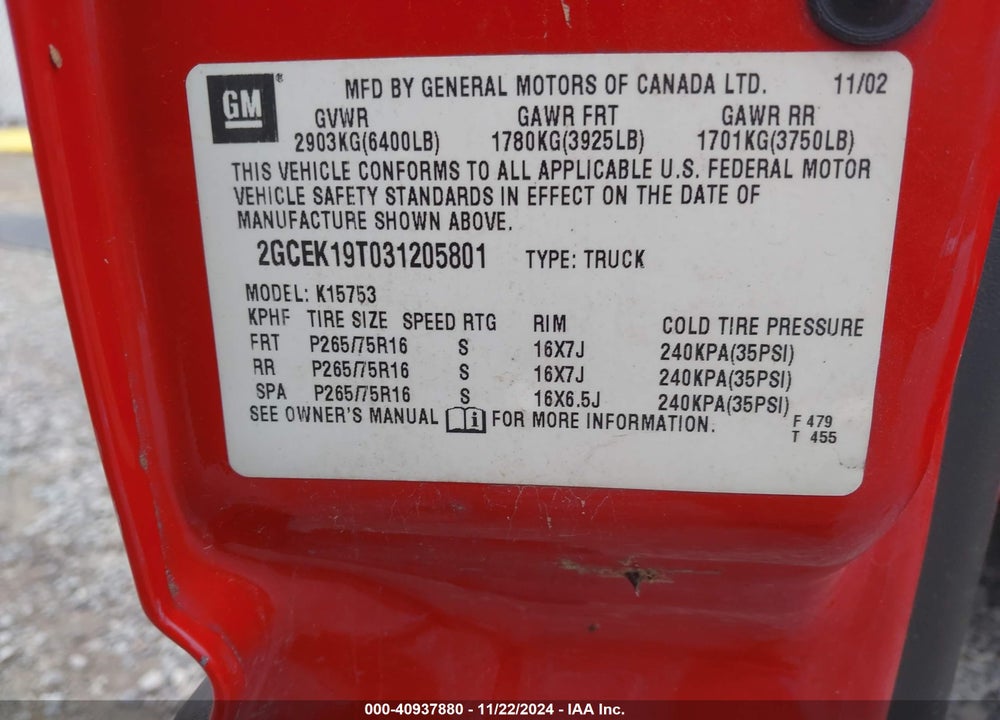 2003 CHEVROLET SILVERADO 1500 LS VIN: 2GCEK19T031205801