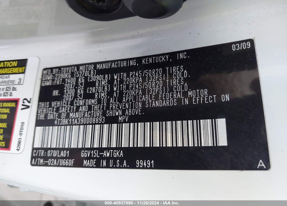 2009 TOYOTA VENZA VIN: 4T3BK11A39U008893