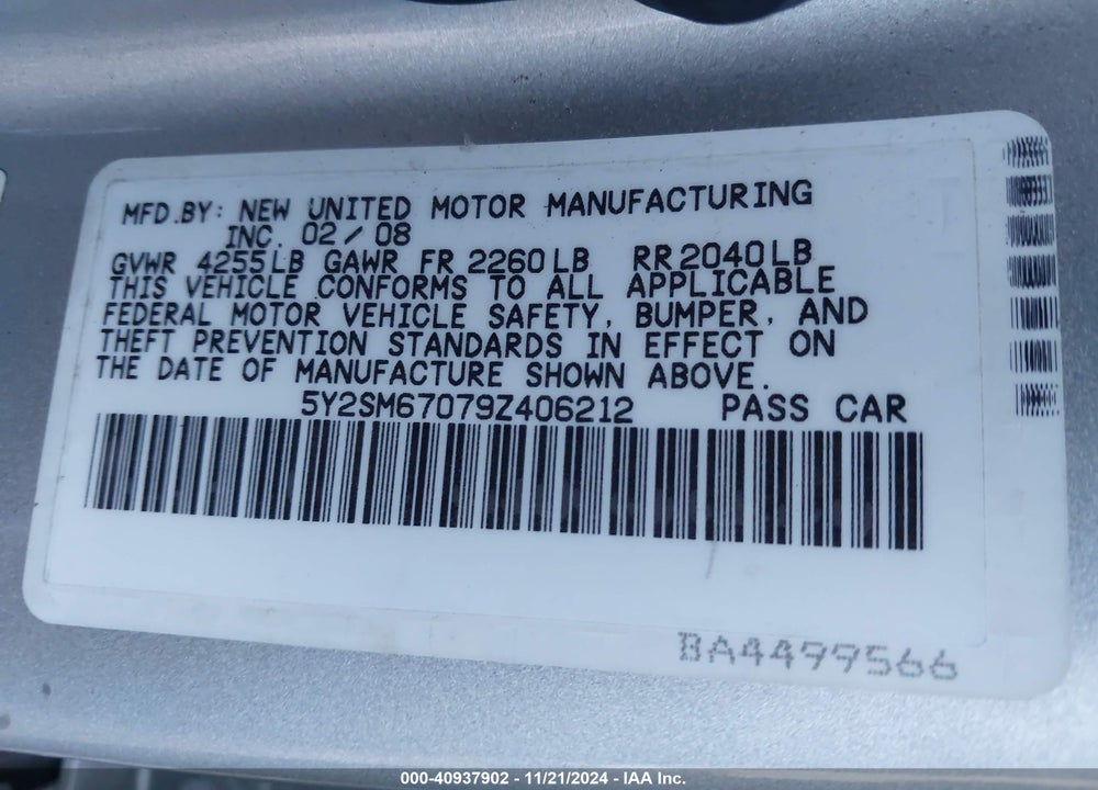 2009 PONTIAC VIBE VIN: 5Y2SM67079Z406212