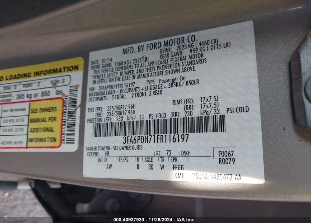2015 FORD FUSION SE VIN: 3FA6P0H71FR116197