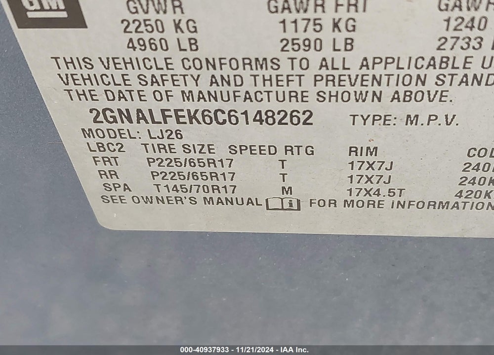 2012 CHEVROLET EQUINOX LTZ VIN: 2GNALFEK6C6148262