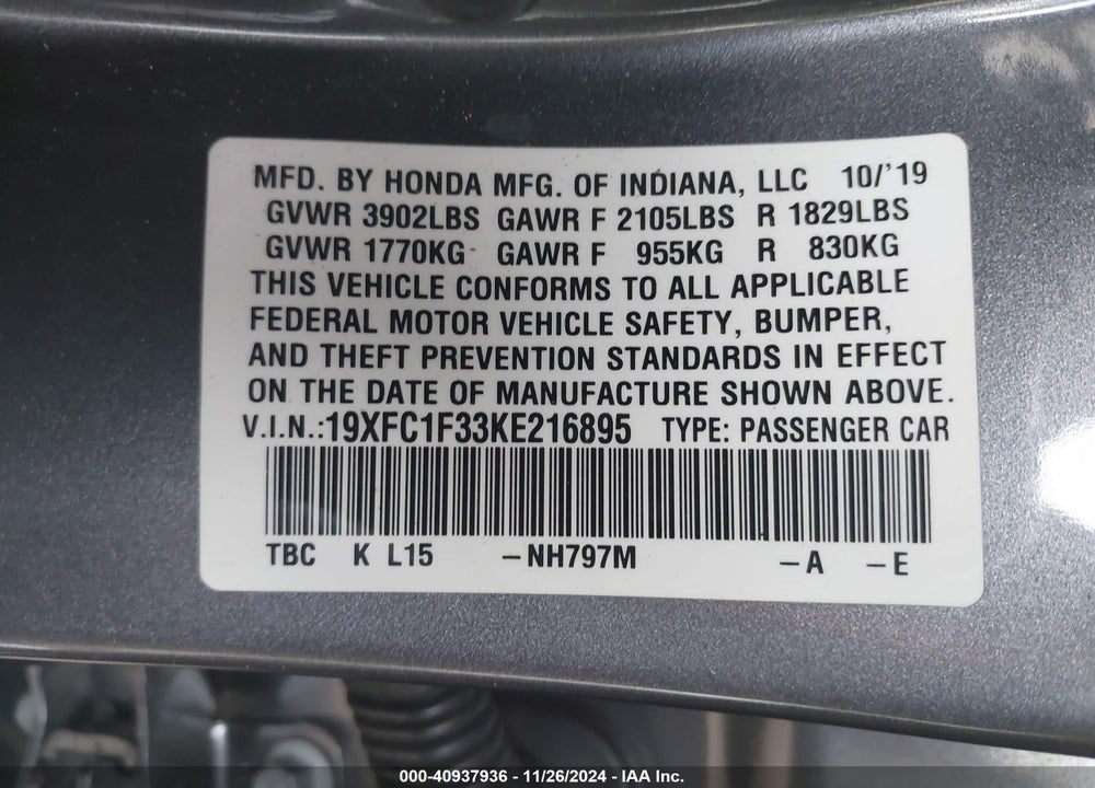 2019 HONDA CIVIC EX VIN: 19XFC1F33KE216895
