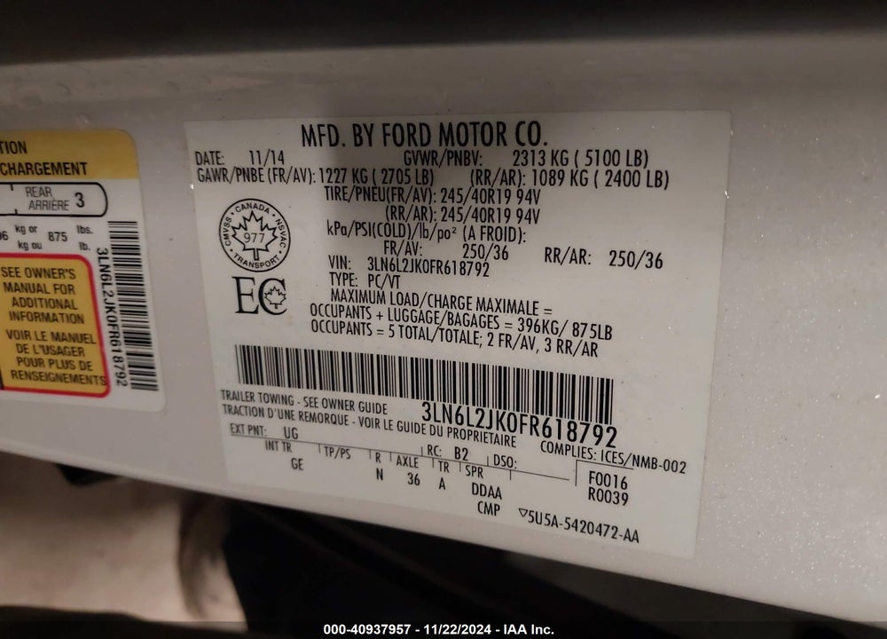 2015 LINCOLN MKZ VIN: 3LN6L2JK0FR618792