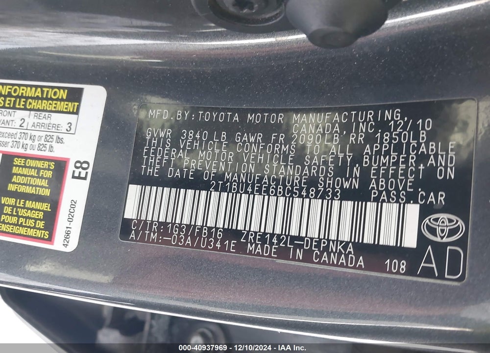 2011 TOYOTA COROLLA LE VIN: 2T1BU4EE6BC548733