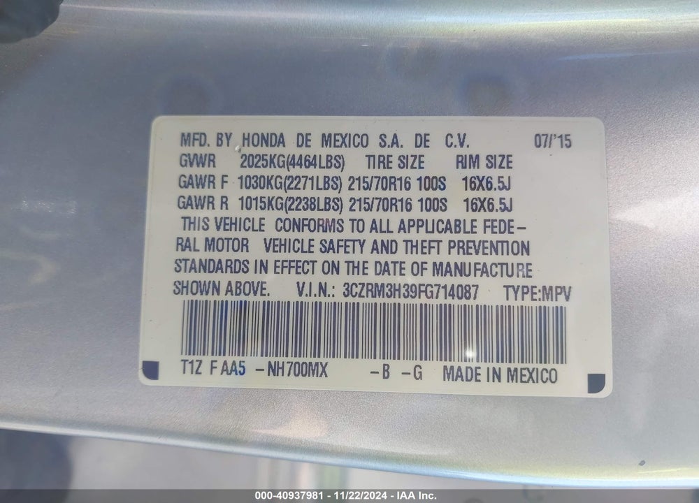 2015 HONDA CR-V LX VIN: 3CZRM3H39FG714087