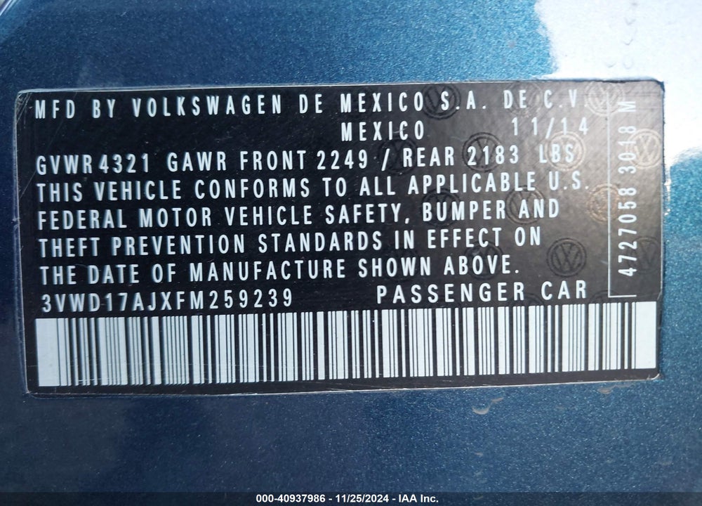 2015 VOLKSWAGEN JETTA 1.8T SE VIN: 3VWD17AJXFM259239