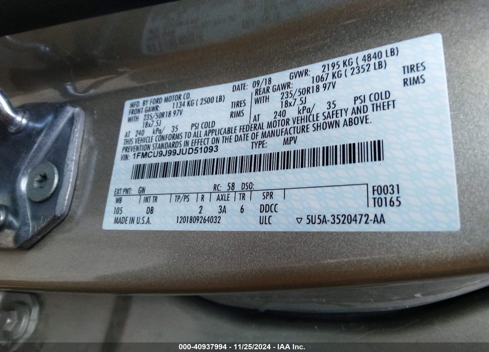 2018 FORD ESCAPE TITANIUM VIN: 1FMCU9J99JUD51093