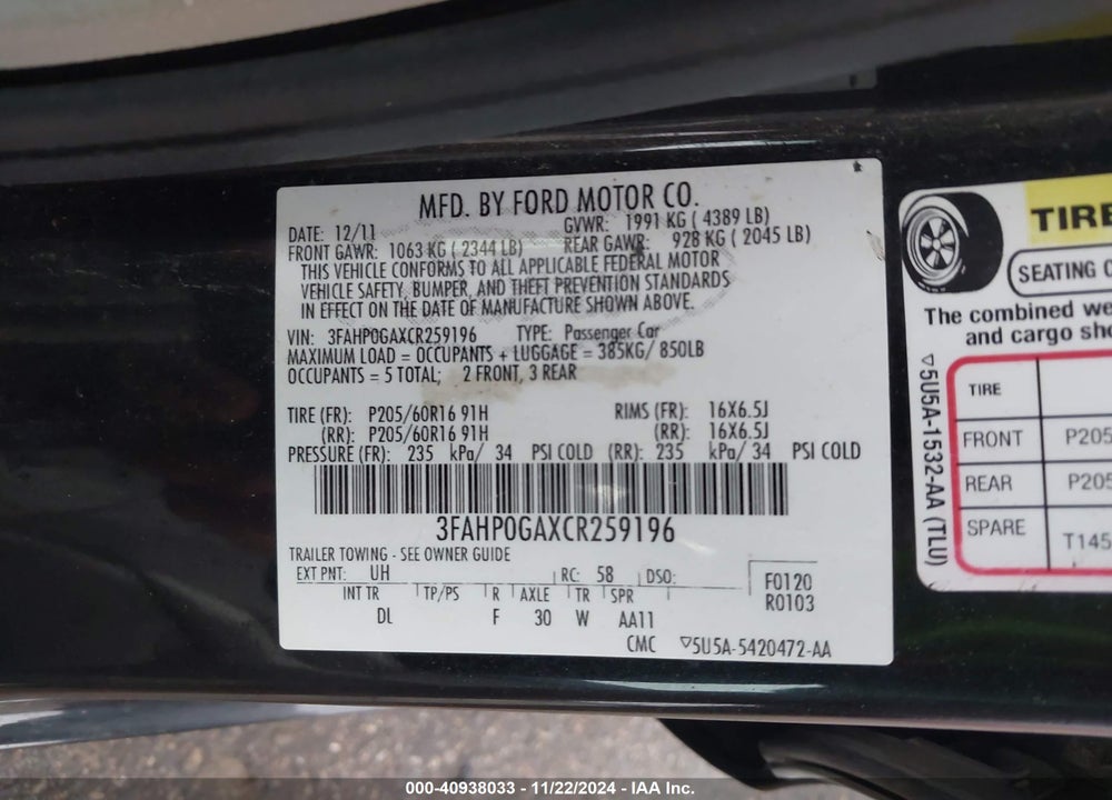 2012 FORD FUSION S VIN: 3FAHP0GAXCR259196