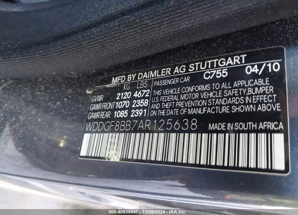 2010 MERCEDES-BENZ C 300 LUXURY 4MATIC/SPORT 4MATIC VIN: WDDGF8BB7AR125638