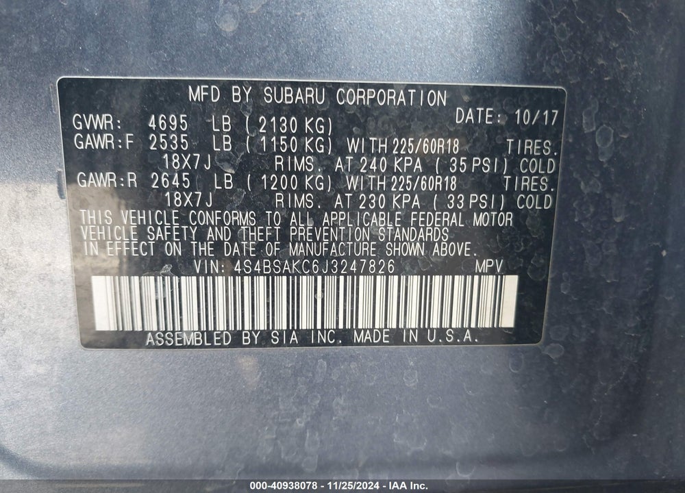 2018 SUBARU OUTBACK 2.5I LIMITED VIN: 4S4BSAKC6J3247826