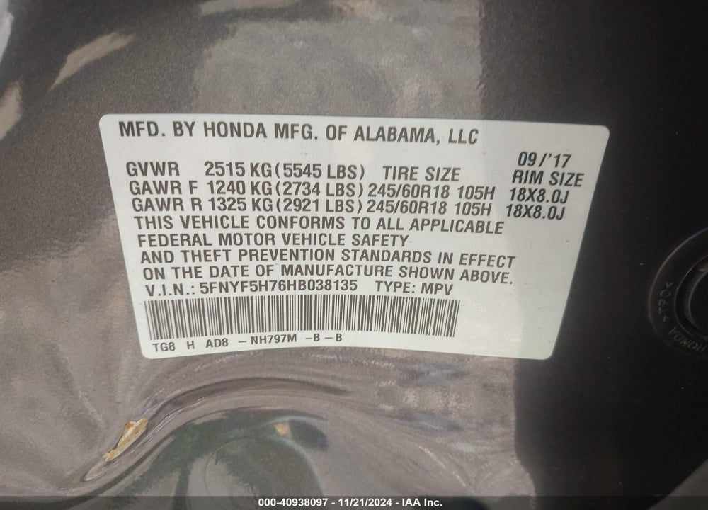2017 HONDA PILOT EX-L VIN: 5FNYF5H76HB038135