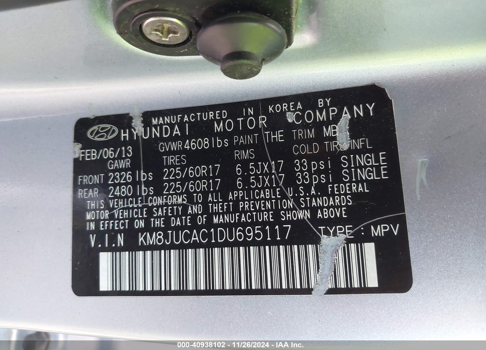 2013 HYUNDAI TUCSON GLS VIN: KM8JUCAC1DU695117