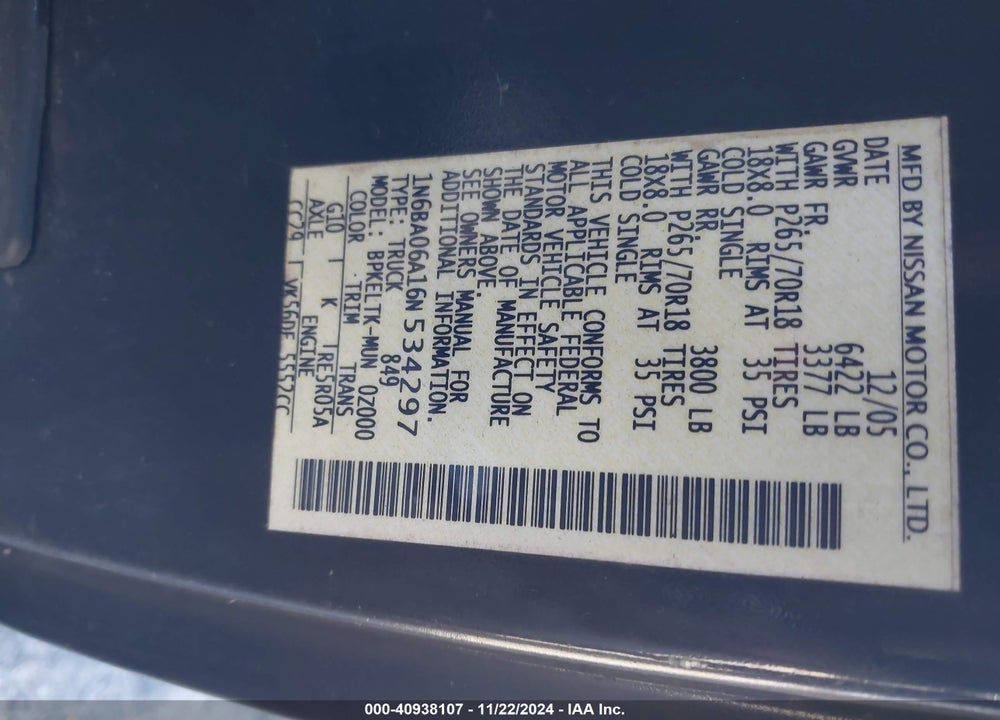 2006 NISSAN TITAN SE VIN: 1N6BA06A16N534297
