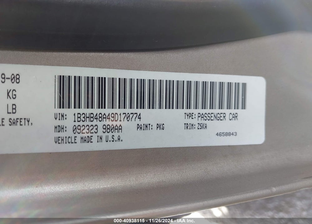 2009 DODGE CALIBER SXT VIN: 1B3HB48A49D170774