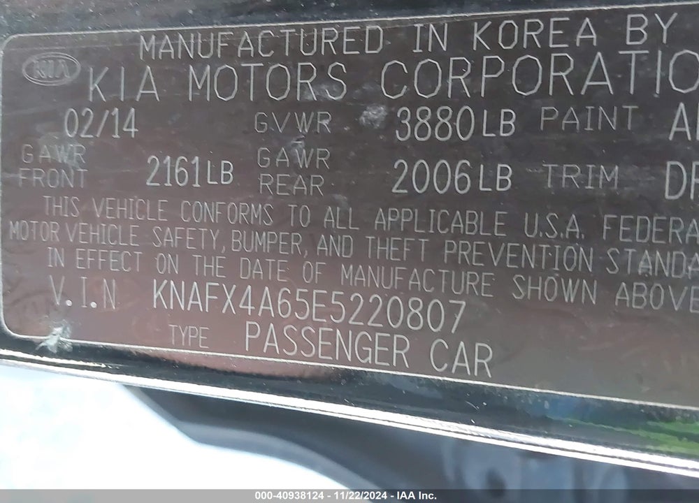 2014 KIA FORTE LX VIN: KNAFX4A65E5220807