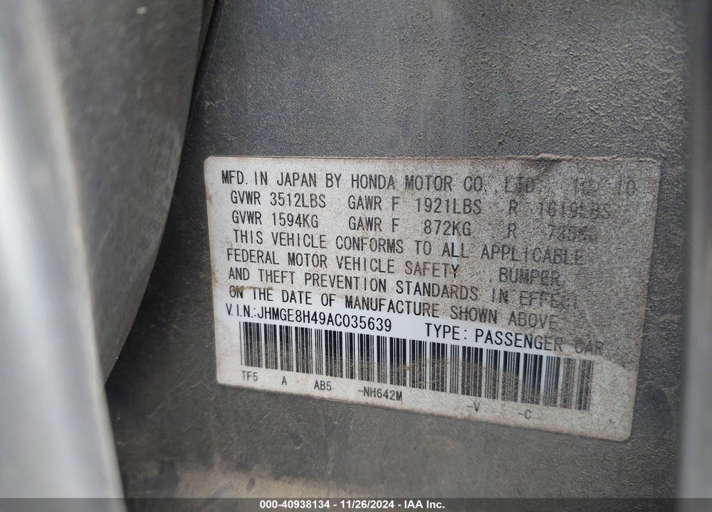 2010 HONDA FIT SPORT VIN: JHMGE8H49AC035639